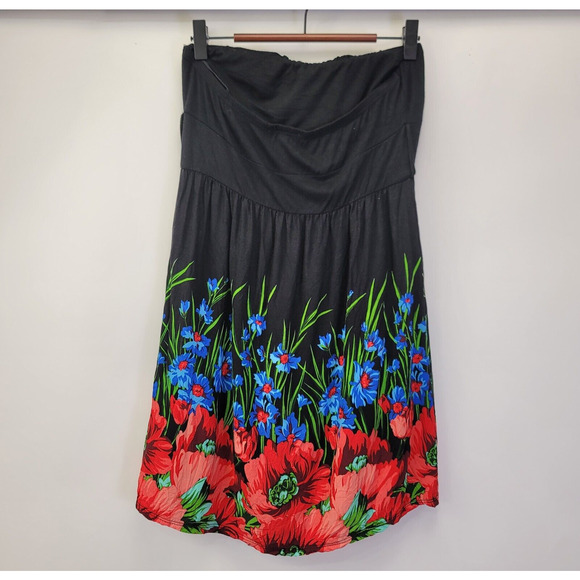 Y2K Strapless Babydoll Tunic Top Size Large Tropical‎ Floral Resort Festival - Picture 2 of 6